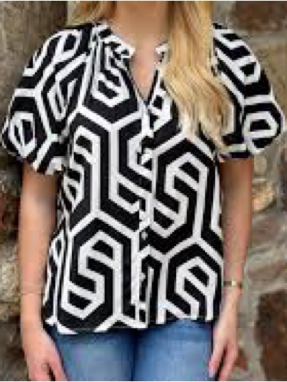 The Mint, entro, Black & White Geometric Puff-Sleeve Blouse